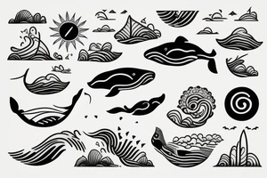 whale swimming on the waves, sun tattoo idea