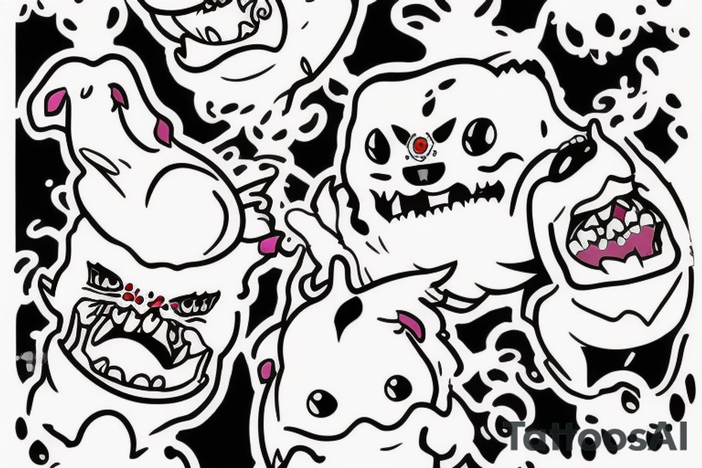 gengar getting licked by a white poodle tattoo idea