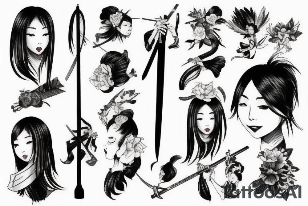 Japanese girl with a sword and a fan in hand tattoo idea