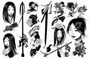 Japanese girl with a sword and a fan in hand tattoo idea
