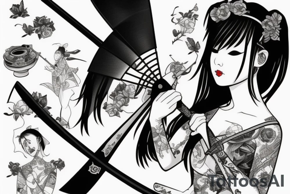Japanese girl with a sword and a fan in hand tattoo idea