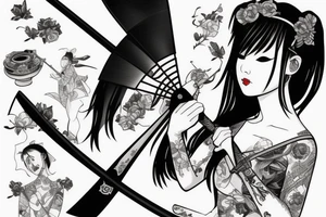 Japanese girl with a sword and a fan in hand tattoo idea