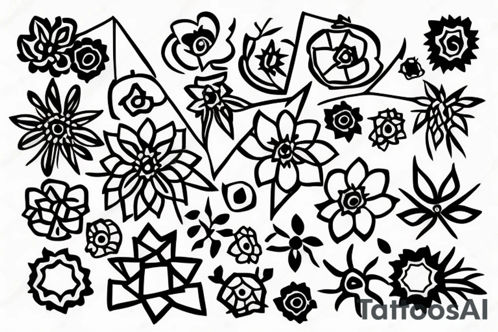 Geometric outline flowers and henna tattoo idea