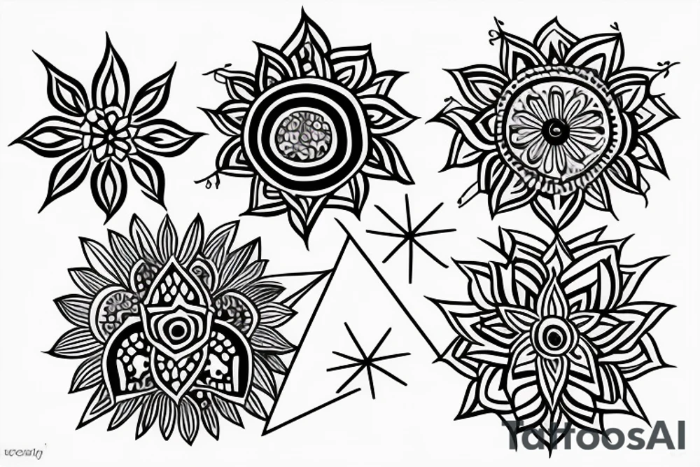 Geometric outline flowers and henna tattoo idea