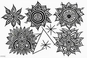 Geometric outline flowers and henna tattoo idea