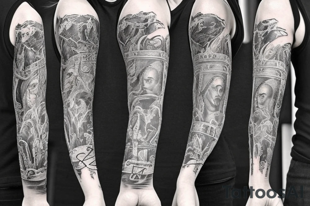 armsleeve tattoo with story include money, dead, prison, life, god, evil tattoo idea