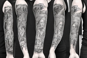 armsleeve tattoo with story include money, dead, prison, life, god, evil tattoo idea