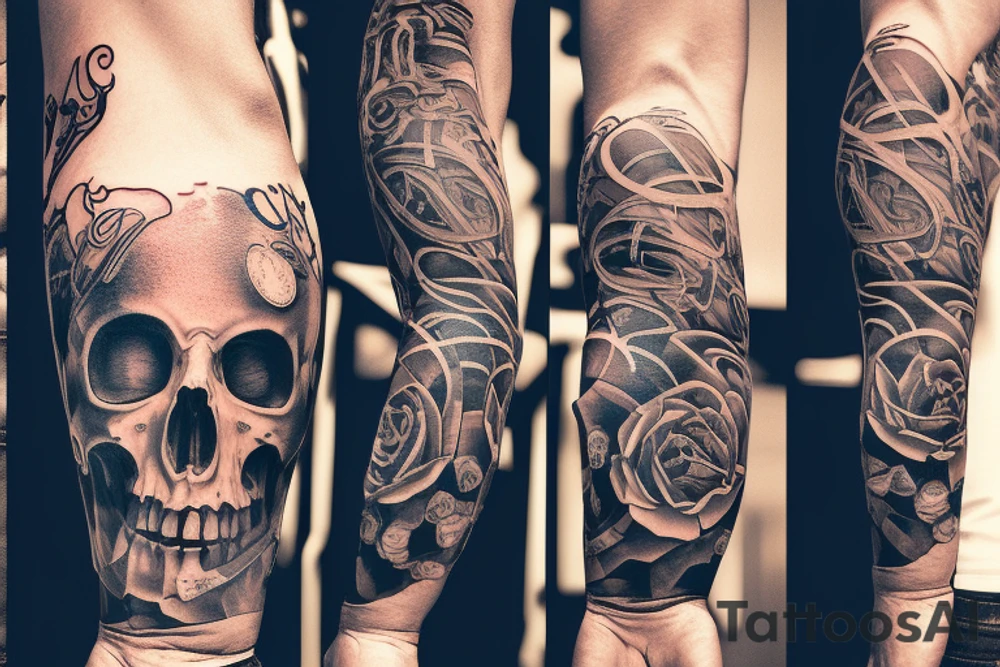 armsleeve tattoo with story include money, dead, prison, life, god, evil tattoo idea