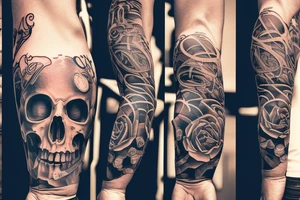 armsleeve tattoo with story include money, dead, prison, life, god, evil tattoo idea