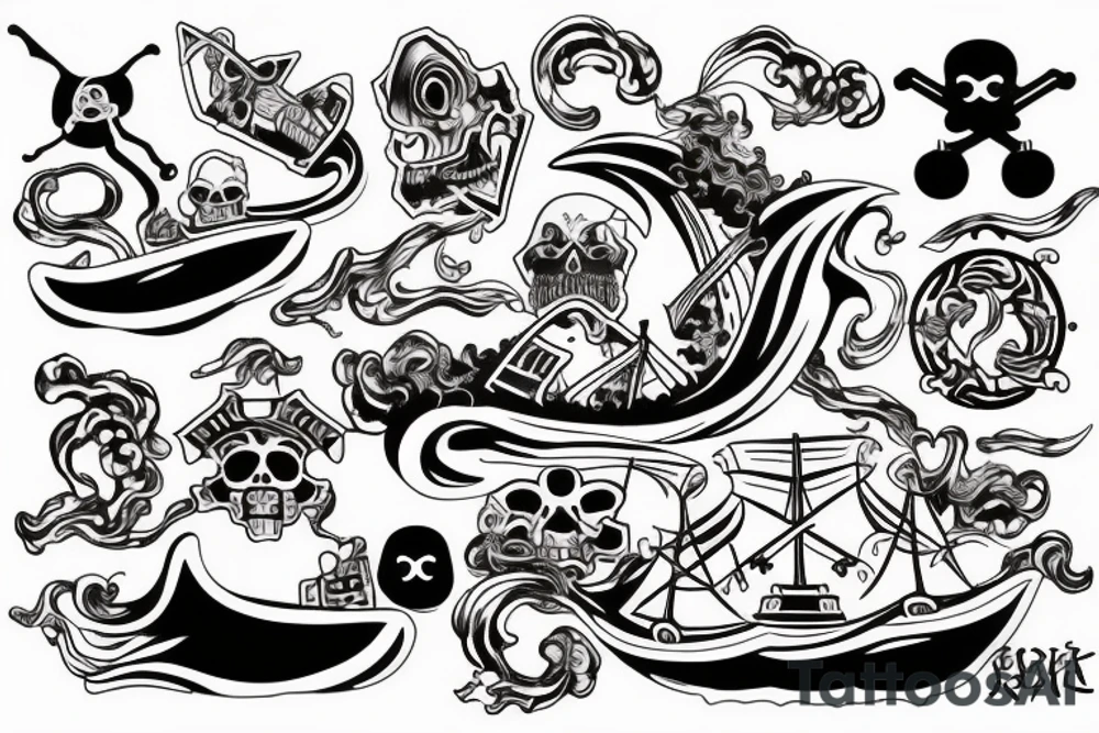 Big "x" mark for treasure but with japanese style waves and a pirate ship inside the mark tattoo idea