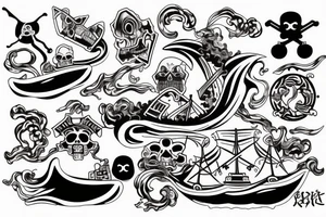 Big "x" mark for treasure but with japanese style waves and a pirate ship inside the mark tattoo idea