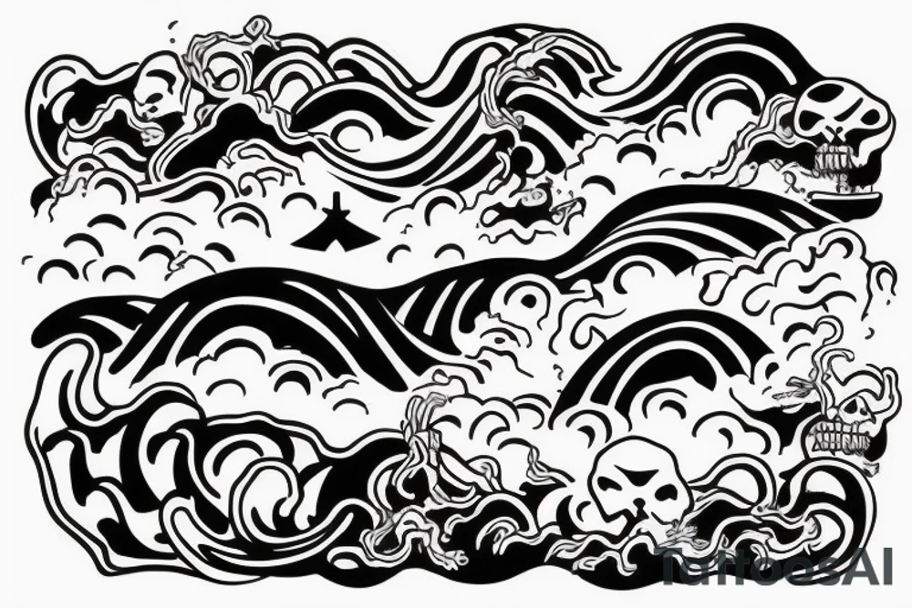 Big "x" mark for treasure but with japanese style waves and a pirate ship inside the mark tattoo idea