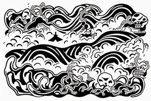 Big "x" mark for treasure but with japanese style waves and a pirate ship inside the mark tattoo idea