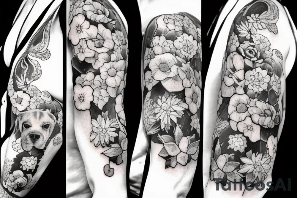 Dog, flowers, sleeve tattoo tattoo idea