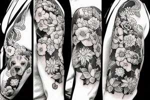 Dog, flowers, sleeve tattoo tattoo idea