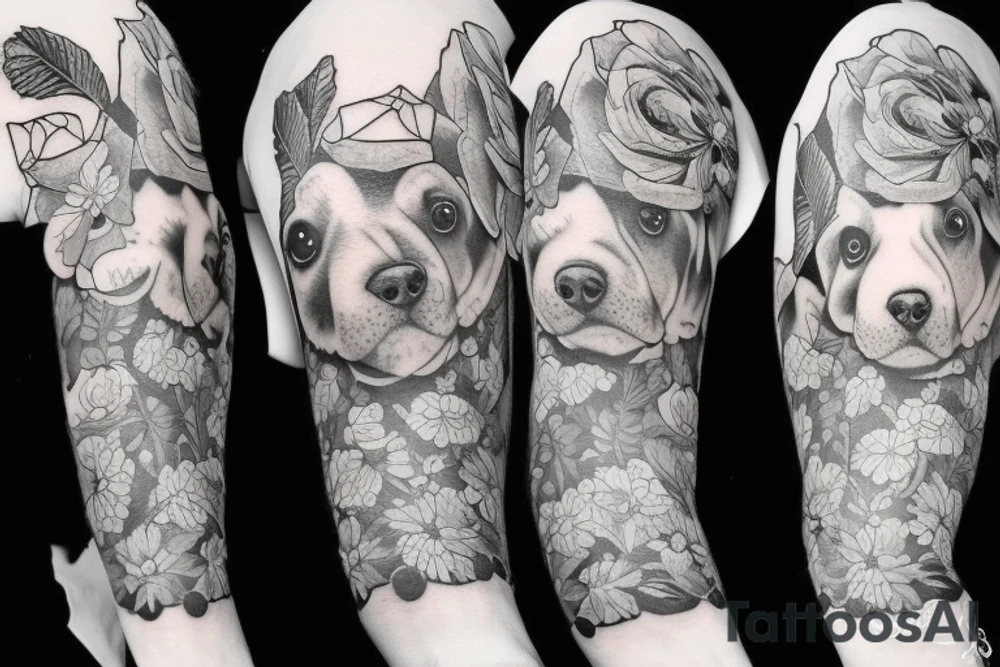 Dog, flowers, sleeve tattoo tattoo idea