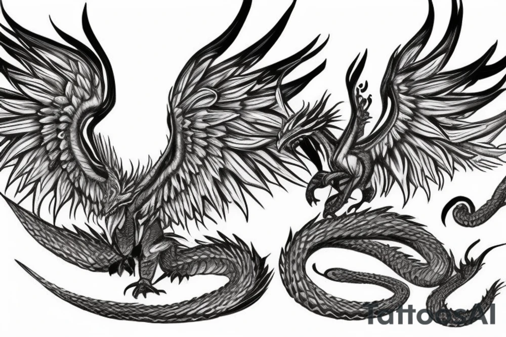 A flaming phoenix with wings spread battles a serpentine dragon tattoo idea
