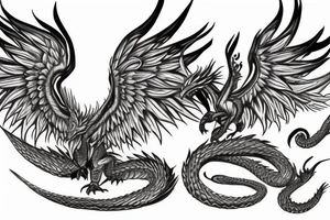 A flaming phoenix with wings spread battles a serpentine dragon tattoo idea