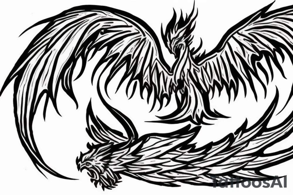 A flaming phoenix with wings spread battles a serpentine dragon tattoo idea