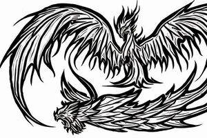 A flaming phoenix with wings spread battles a serpentine dragon tattoo idea