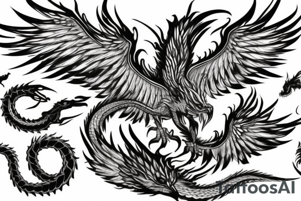 A flaming phoenix with wings spread battles a serpentine dragon tattoo idea