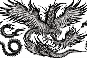 A flaming phoenix with wings spread battles a serpentine dragon tattoo idea