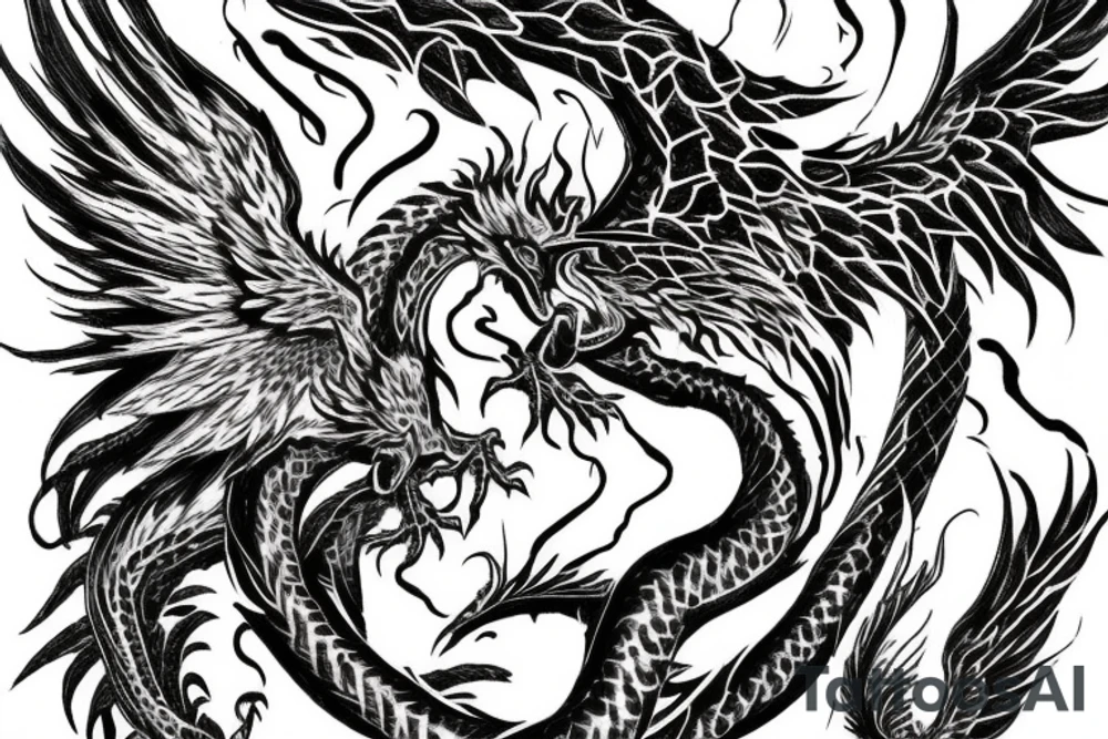 A flaming phoenix with wings spread battles a serpentine dragon tattoo idea