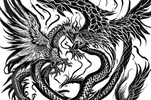 A flaming phoenix with wings spread battles a serpentine dragon tattoo idea