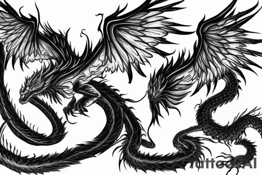 A flaming phoenix with wings spread battles a serpentine dragon tattoo idea