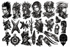 Arm Sleeve with videogame references (e.g. Xenogears, Final Fantasy 7, Chrono Trigger, Star Wars, Gears of War, Legend of Zelda, Celtic Armor) tattoo idea