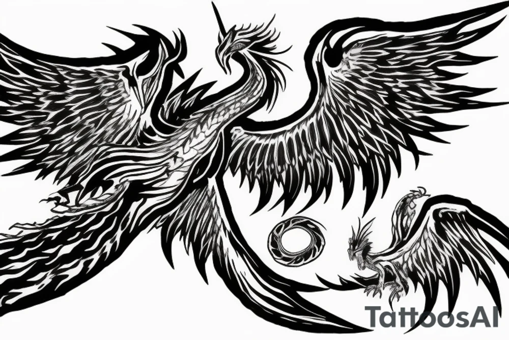 A flaming phoenix with wings spread battles a serpentine dragon tattoo idea