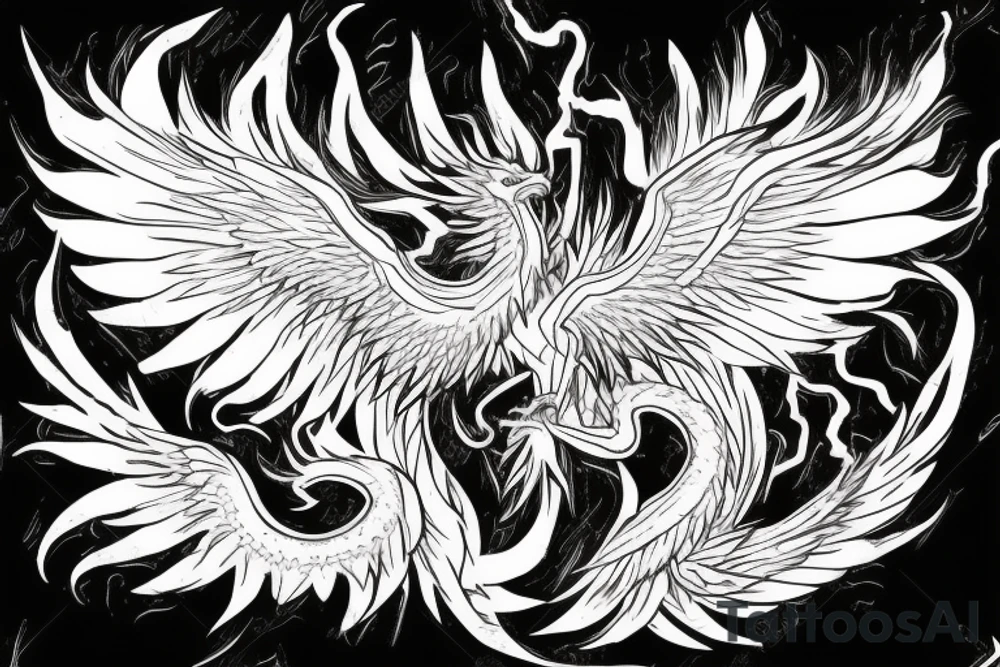 A flaming phoenix with wings spread battles a serpentine dragon tattoo idea
