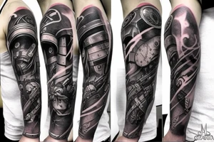 Arm Sleeve with videogame references (e.g. Xenogears, Final Fantasy 7, Chrono Trigger, Star Wars, Gears of War, Legend of Zelda, Celtic Armor) tattoo idea