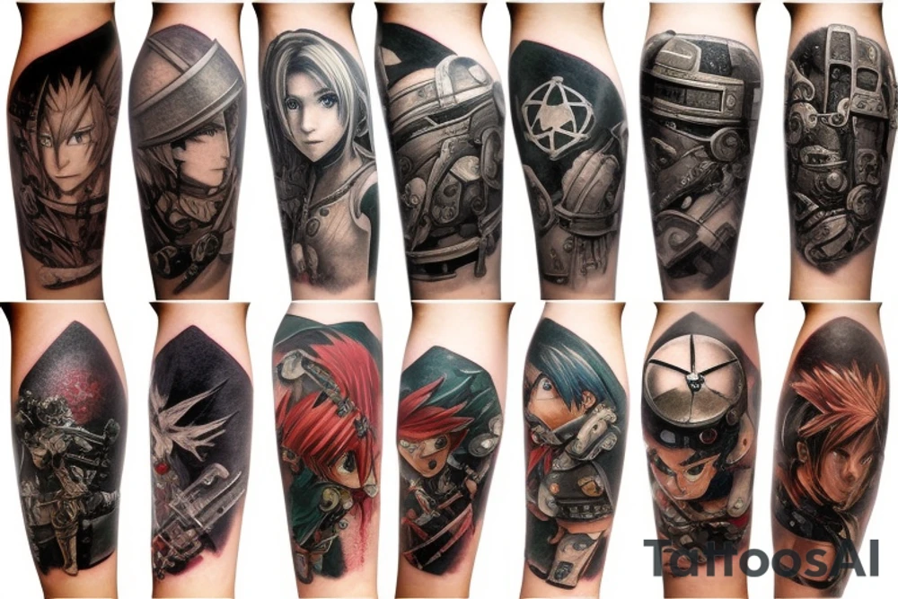 Arm Sleeve with videogame references (e.g. Xenogears, Final Fantasy 7, Chrono Trigger, Star Wars, Gears of War, Legend of Zelda, Celtic Armor) tattoo idea