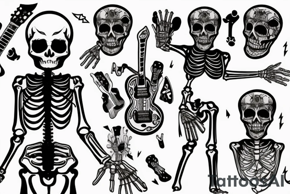 full body skeleton wearing a suit, playing an electric guitar tattoo idea
