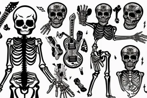 full body skeleton wearing a suit, playing an electric guitar tattoo idea