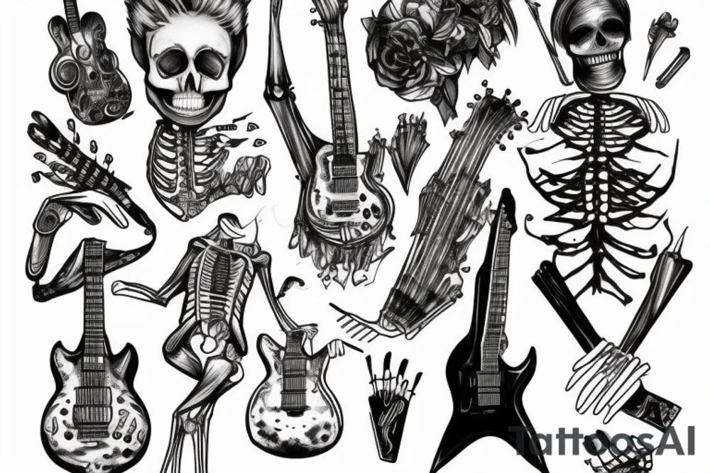 full body skeleton wearing a suit, playing an electric guitar tattoo idea