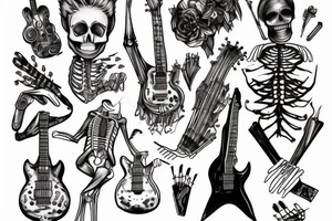 full body skeleton wearing a suit, playing an electric guitar tattoo idea