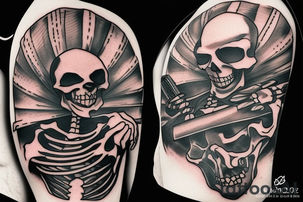 skeleton wearing a suit, playing an electric guitar tattoo idea