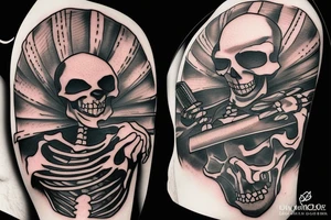 skeleton wearing a suit, playing an electric guitar tattoo idea
