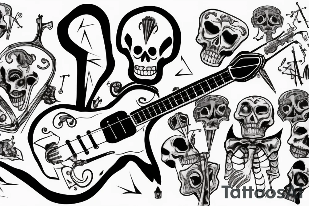 skeleton wearing a suit, playing an electric guitar tattoo idea