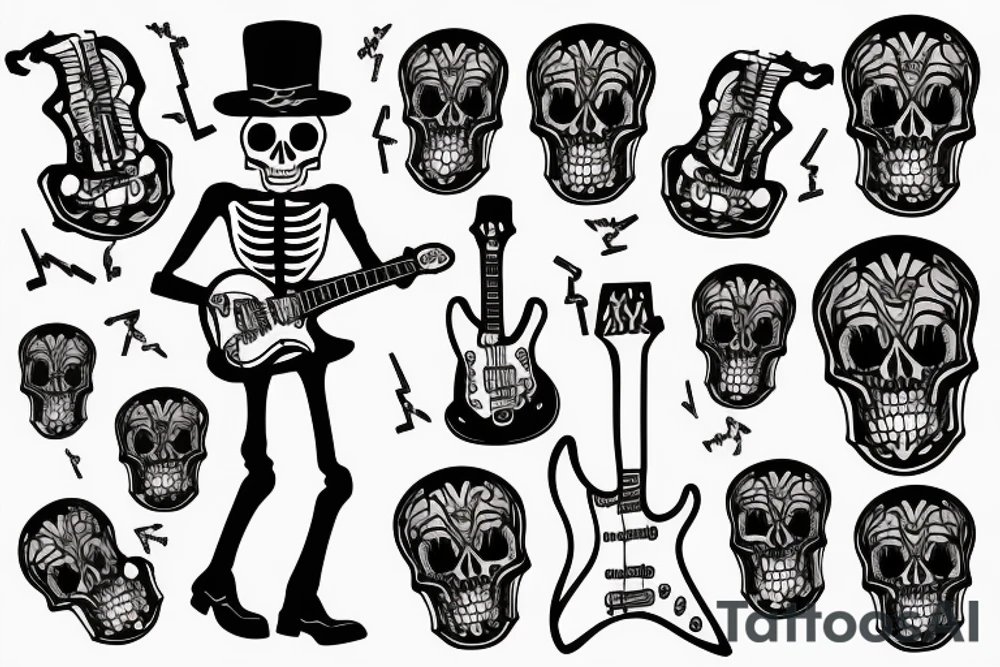 skeleton wearing a suit, playing an electric guitar tattoo idea