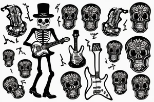 skeleton wearing a suit, playing an electric guitar tattoo idea