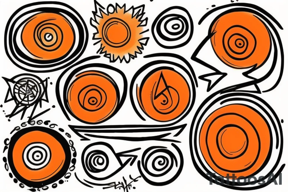An orange circle with rays going out to all sides, the circle could have details like flames or lightning tattoo idea