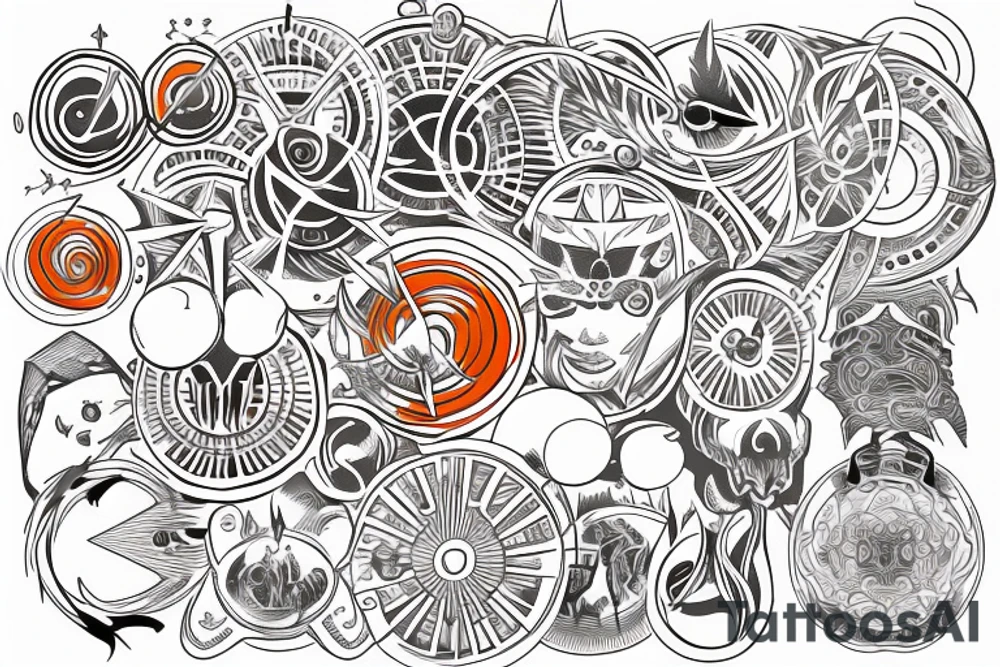 An orange circle with rays going out to all sides, the circle could have details like flames or lightning tattoo idea