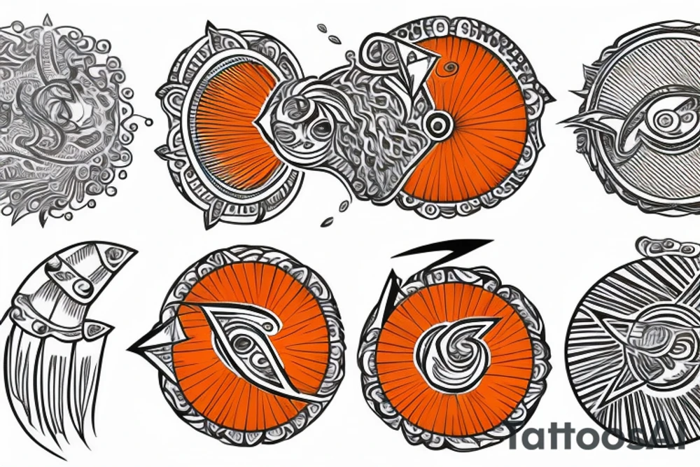 An orange circle with rays going out to all sides, the circle could have details like flames or lightning tattoo idea