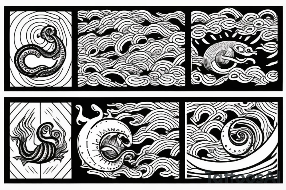 Ocean Waves with a Sun and sea monster spirit tattoo idea