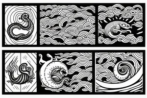 Ocean Waves with a Sun and sea monster spirit tattoo idea