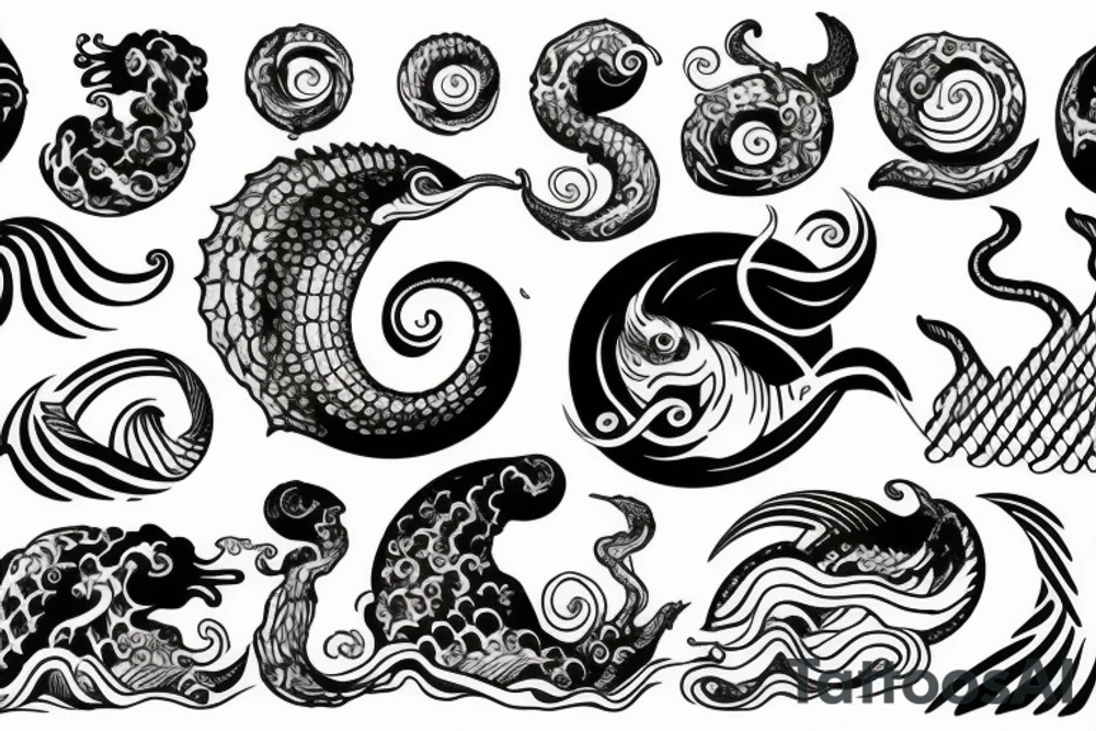 Ocean Waves with a Sun and sea monster spirit tattoo idea