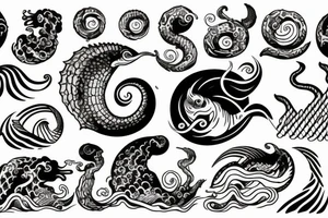 Ocean Waves with a Sun and sea monster spirit tattoo idea